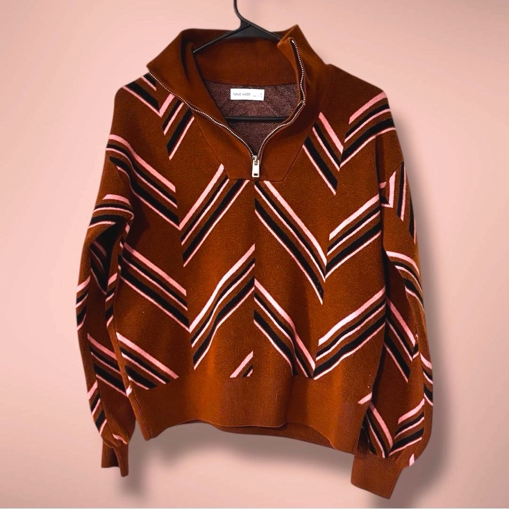 Nine West Brown and Pink 1/4 Zip Neck Sweater